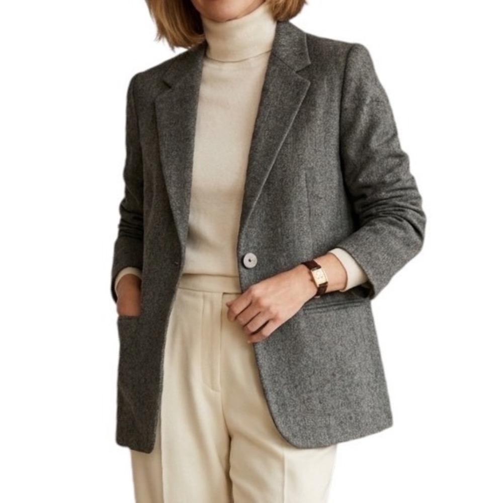 Sag Harbor Petite Grey Wool Tweed Single Button Blazer Jacket Classic Size 4P